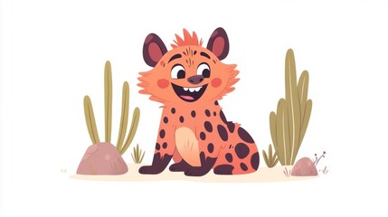 Fototapeta premium Happy Cartoon Hyena Sitting Among Cactus Plants in a Desert Scene
