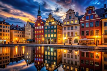 Fototapeta premium Capture Stockholm's architectural beauty: night photography reveals stunning low-light Scandinavian design.