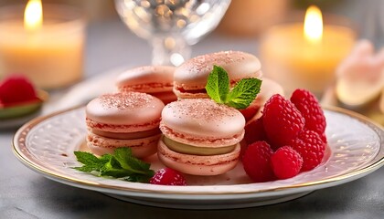 Gourmet macarons with fresh berries and mint leaves on a decorative plate