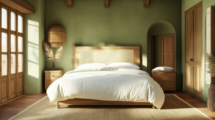 Relaxing bedroom with an earthy green color scheme, wooden furniture, and soft white bedding
