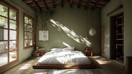 Relaxing bedroom with an earthy green color scheme, wooden furniture, and soft white bedding