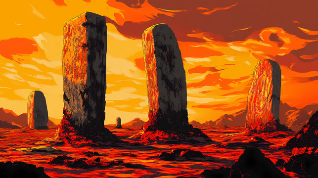 Illustration of a megalith or standing stone. generative ai. Lava-Covered Megaliths. Illustration