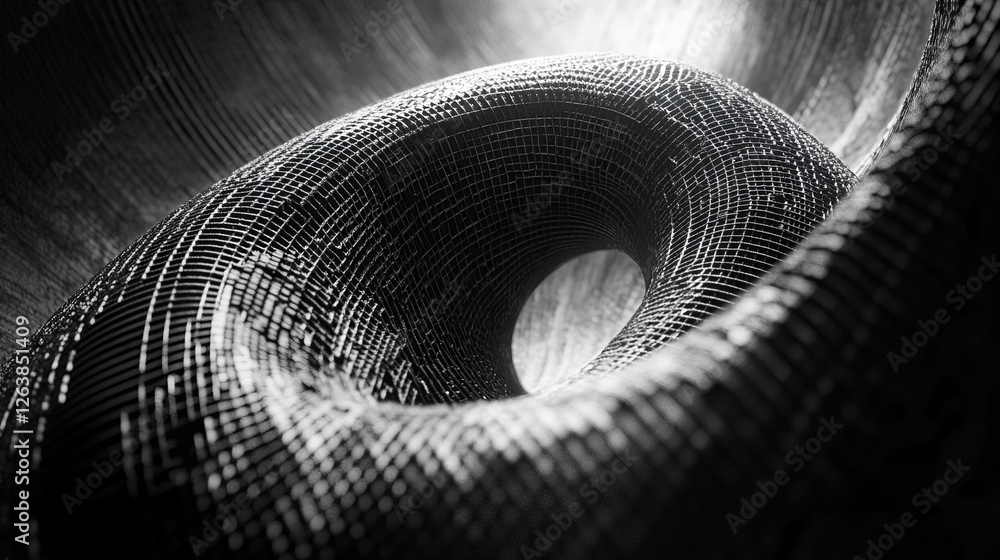 Poster abstract geometric structure featuring a spiral design illuminated by soft light against a dark back