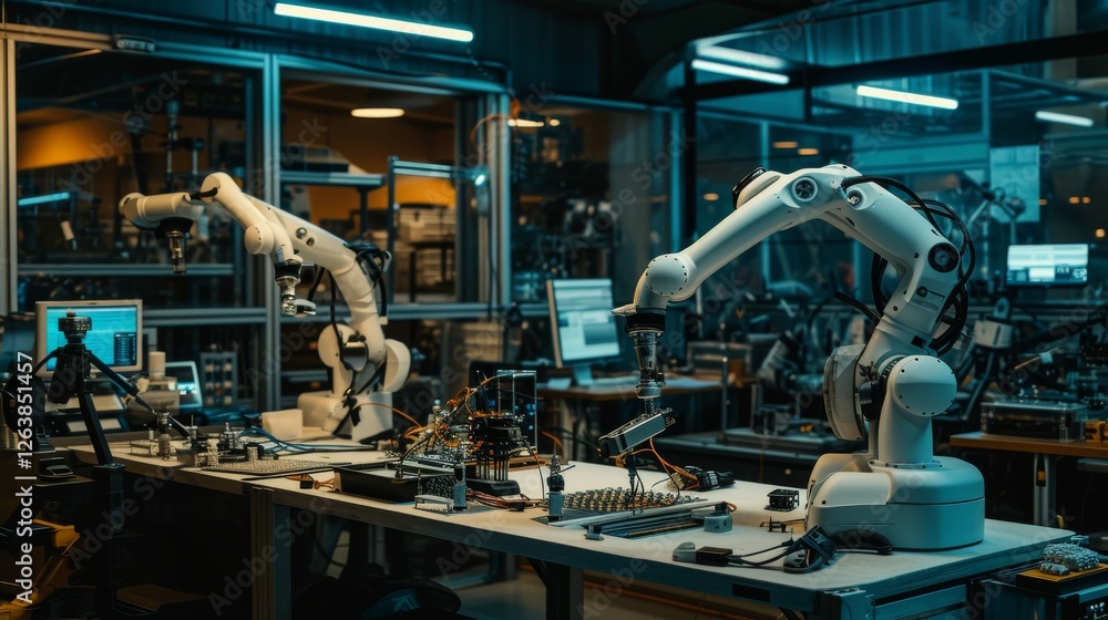 Poster robotic arms meticulously assembling electronic components in a cutting-edge laboratory filled with 