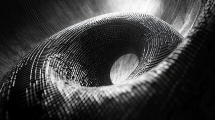 Abstract geometric structure featuring a spiral design illuminated by soft light against a dark background