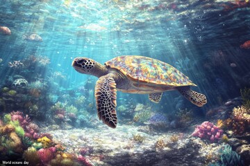 Obraz premium Colorful sea turtle swimming gracefully among vibrant coral reefs in clear ocean waters during a sunny day