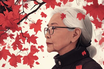 Elderly woman wearing glasses surrounded by vibrant red autumn leaves in a serene, contemplative moment captured in an expressive seasonal lifestyle portrait