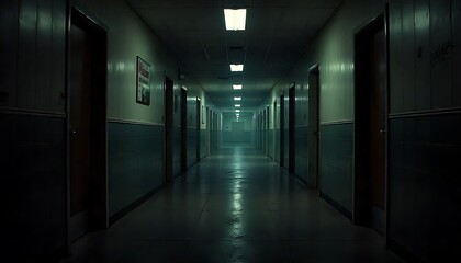 Mysterious flickering lights haunt abandoned school hallway eerie atmosphere photo dark setting unsettling concept