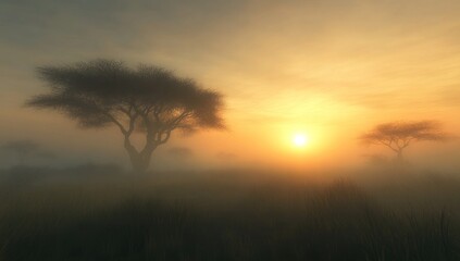 African Savanna Sunrise: Misty Morning in the Serengeti