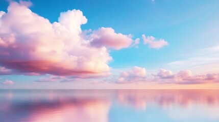 Peaceful sunset over calm ocean; pastel clouds