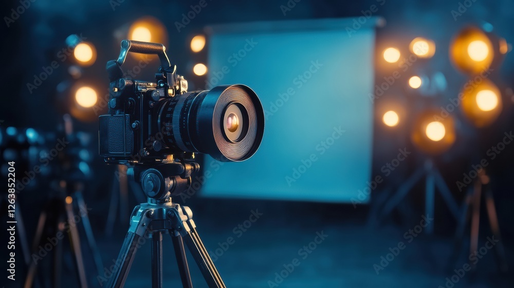 Poster professional camera setup in a dimly lit studio with bright lights ready for a photoshoot session. g
