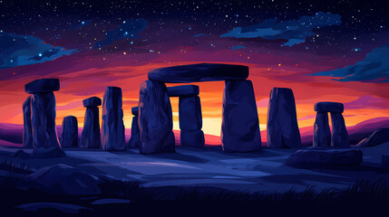 Stonehenge under twilight sky ancient megalithic monument in captivating landscape. stonehenge. illustration. Lava-Covered Megaliths. Illustration