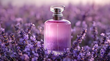 Lavender perfume bottle in field at sunset; beauty, fragrance, product shot