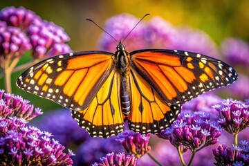 Fototapeta premium Close-up of a monarch butterfly's iridescent wings against a backdrop of vibrant purple flowers.
