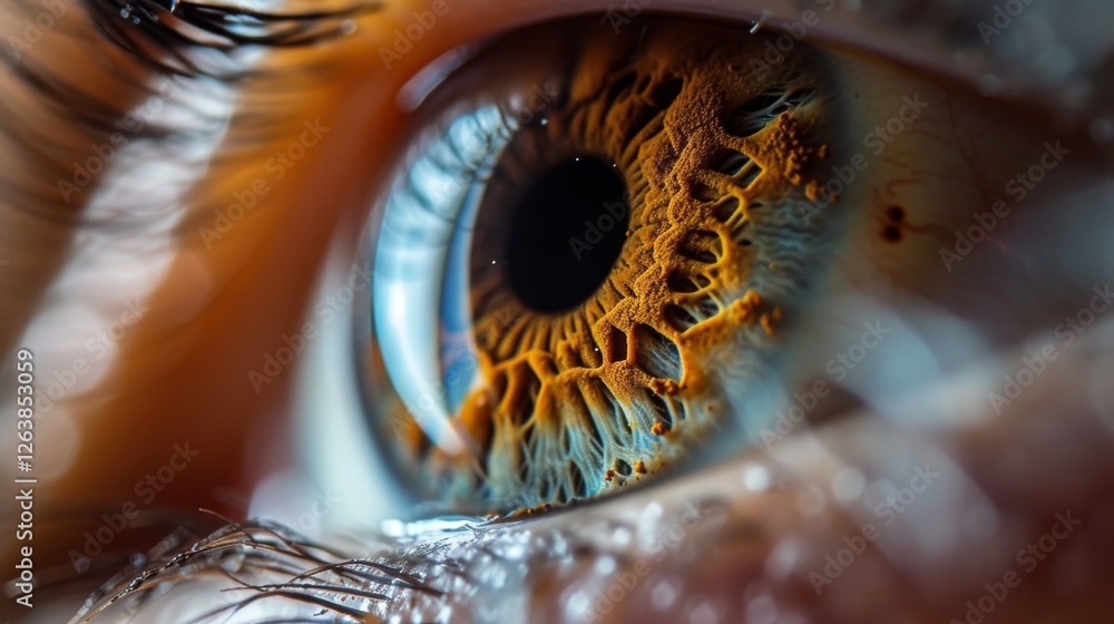 Poster a high-definition macro image of a human iris with a mesmerizing blend of orange and blue tones, sho