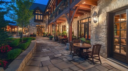 Fototapeta premium Rustic stone wall with warm earth-toned wooden beams and soft lighting