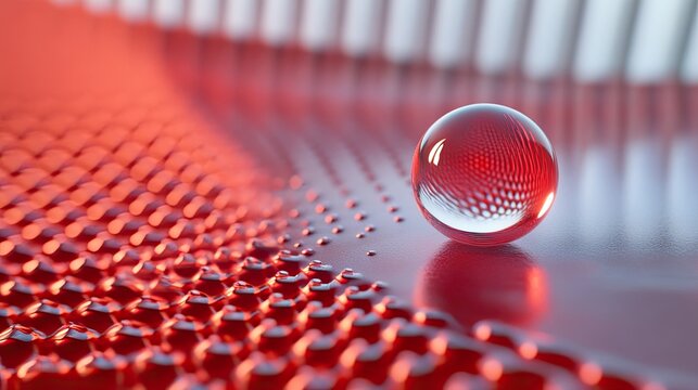 Glass sphere on red textured surface, abstract background, science concept