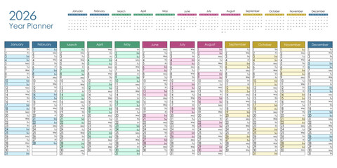 2026 colorful year planner. Vector design.