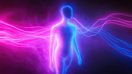 Glowing figure, energy trails, dark background, spiritual concept, website banner