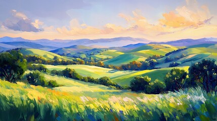 Obraz premium Serene Hillside Landscape with Lush Greenery and Vibrant Sky