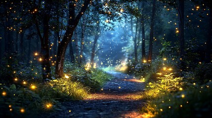 Magical forest path at night, fireflies glowing, mystical background, ideal for fantasy