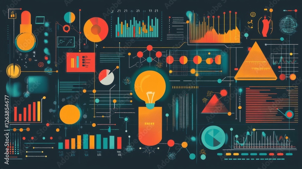 Poster abstract illustration of data analysis and idea generation with various charts and graphs.