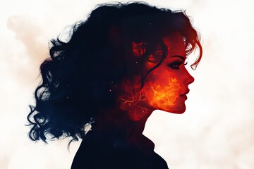 Fototapeta premium Silhouette of a woman with cosmic textures and fiery elements, symbolizing celestial energy, mystery, and transformation in a high quality abstract digital artwork