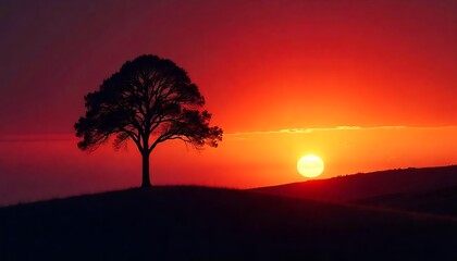 Obraz premium Majestic sunset scene hilltop photography nature silhouette a lone tree against a fiery horizon