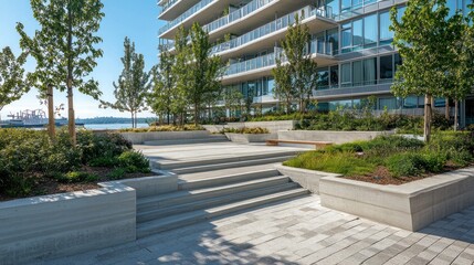 Fototapeta premium Modern Urban Oasis: Landscaped Terrace with City Views