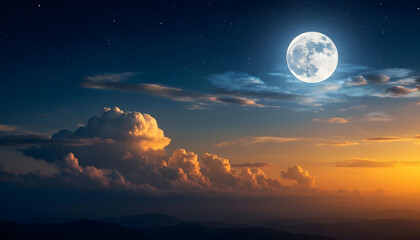 Fototapeta premium The full moon shines brightly in the beautiful cloudy night sky background