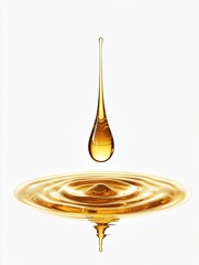 Golden oil drop falling, creating ripples, white background, for product advertisement