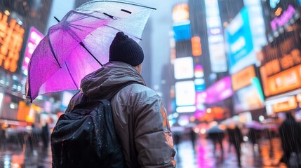 Obraz premium Rainy day, urban scene, person with umbrella, Times Square