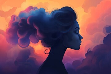 Dreamlike blue silhouette of woman with ethereal clouds forming her hair, symbolizing imagination, dreams, and boundless creativity in a surreal fantasy inspired digital illustration