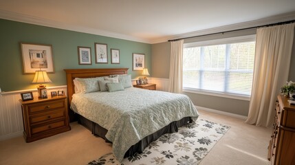 Serene bedroom with a mint green accent wall, wooden nightstands, and soft lighting