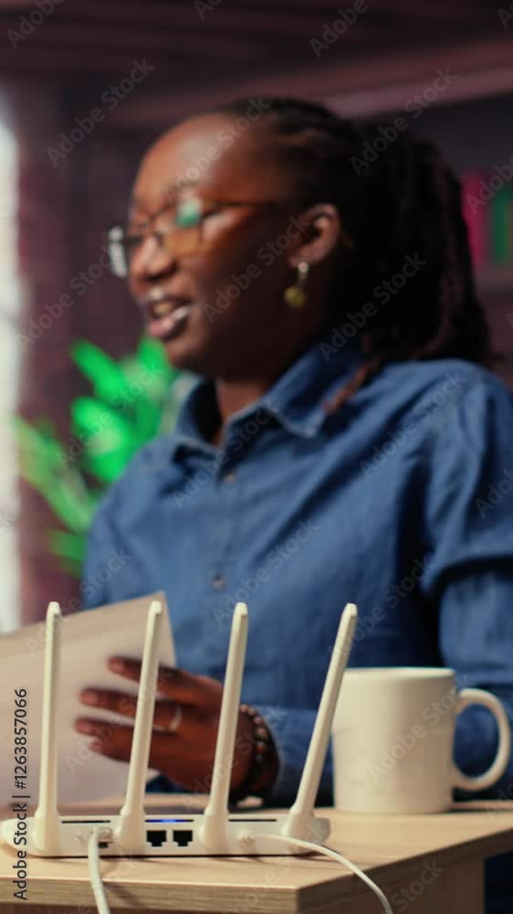 Poster discouraged african american couple struggles with an unstable wi fi network, getting angry while th