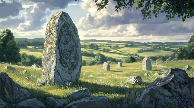 Avebury's majestic cove stone: a neolithic wiltshire henge, a breathtaking prehistoric megalithic landscape. Lava-Covered Megaliths. Illustration