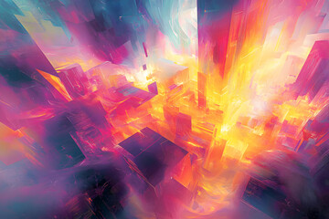 Concept: A vibrant explosion of swirling neon colors creating an electrifying aura, with dynamic angles and geometric shapes interlocking throughout.