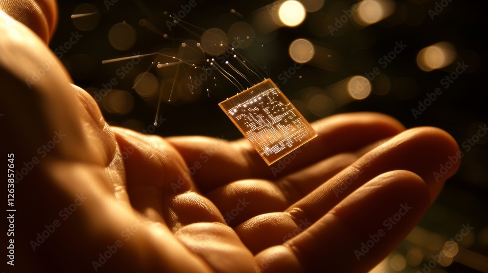 Poster a close-up of a hand holding a glowing microchip, surrounded by golden light effects and abstract pa