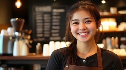 Young barista smiles warmly while serving customers in a cozy cafe during a busy afternoon