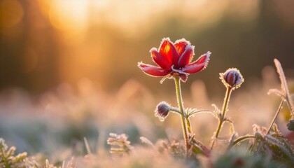 Frozen red flower selective focus. Winter scene 