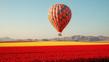 Fototapeta premium Colorful hot air balloon ascends over a patchwork landscape aerial view scenic adventure
