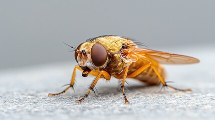 Close-up orange fly on grey surface, outdoor