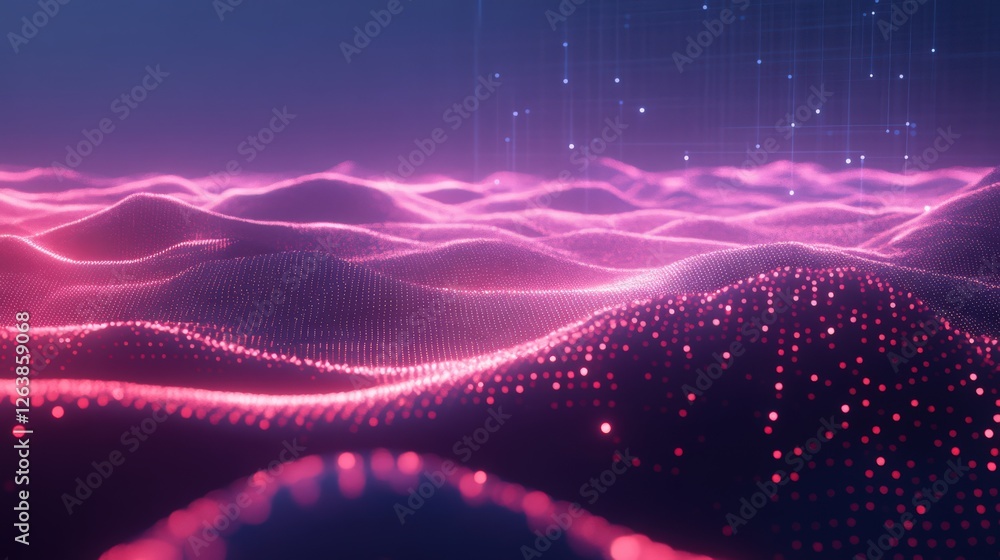 Poster abstract digital landscape with flowing pink particles and data connection