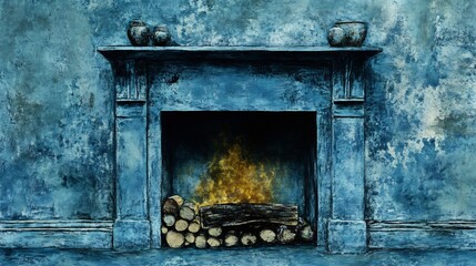 Serene blue tones paint a cozy fireplace scene Warm fire glows invitingly Rustic wood rests ready. AI Generated