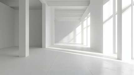 Fototapeta premium Bright, minimalistic interior space with large windows casting shadows, ideal for modern design concepts