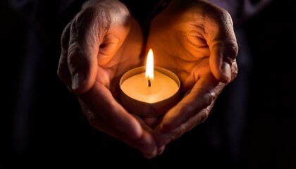 Hands holding a burning candle in dark like a heart 