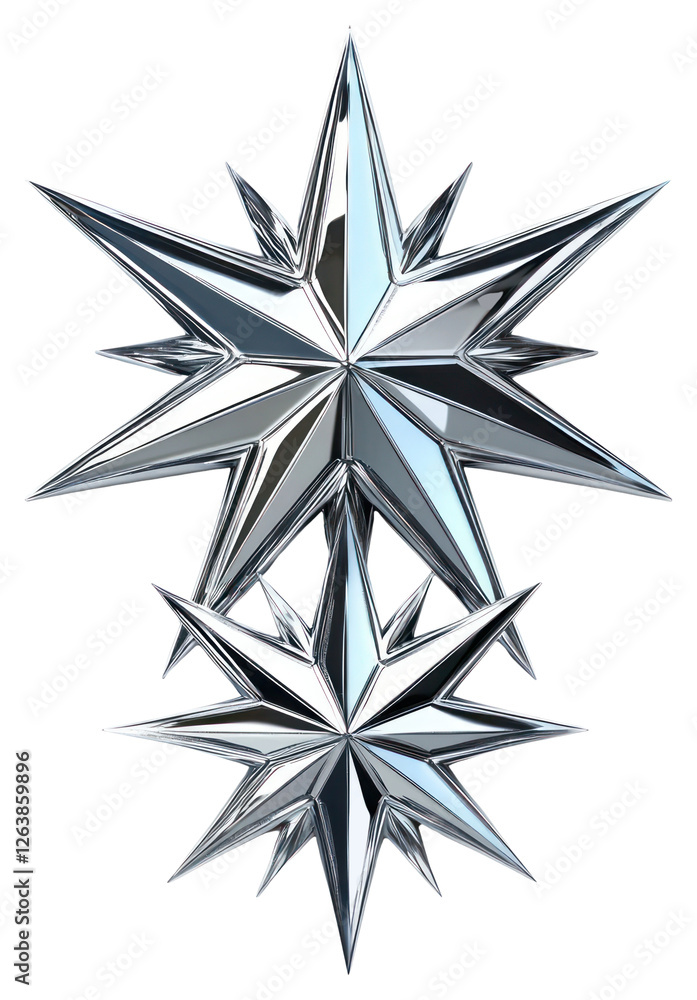 Poster png two overlapping four-pointed starbursts of different sizes within a chrome circular halo illustr