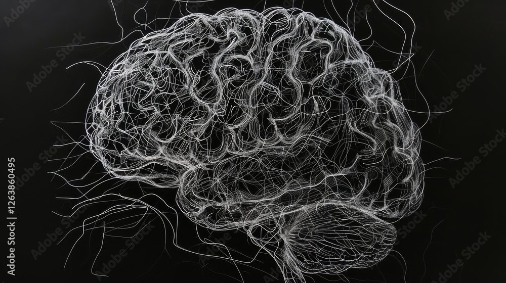 Poster abstract representation of a human brain depicted in fine white fiber lines on a dark background, sy