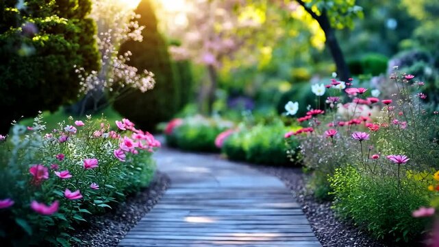 Stunning flower-lined path in a serene garden at sunset highlighting vibrant blooms and lush greenery