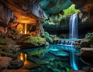 A serene cave with a glowing waterfall, crystal-clear pool, and lush green plants illuminated by soft lights.